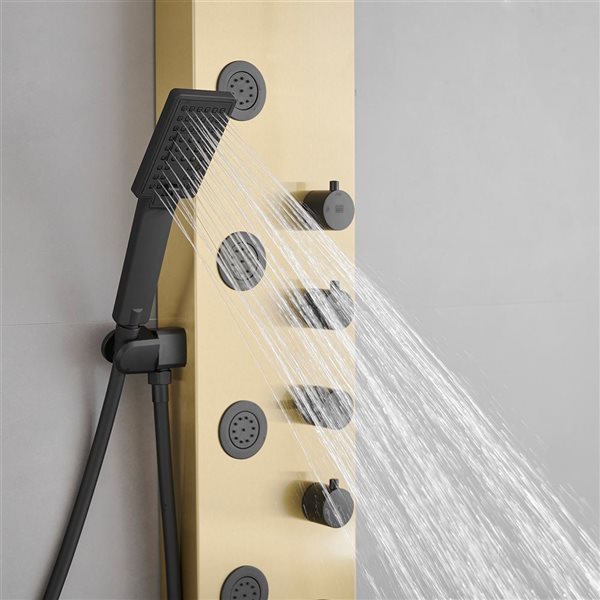 BWE 5-Jet Rainfall Shower Panel System with Rainfall Waterfall Shower Head and Shower Wand in Black Gold