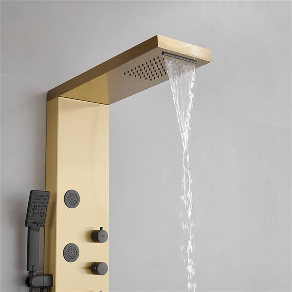 BWE 5-Jet Rainfall Shower Panel System with Rainfall Waterfall Shower Head and Shower Wand in Black Gold