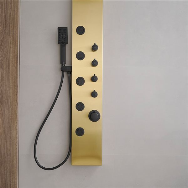 BWE 5-Jet Rainfall Shower Panel System with Rainfall Waterfall Shower Head and Shower Wand in Black Gold
