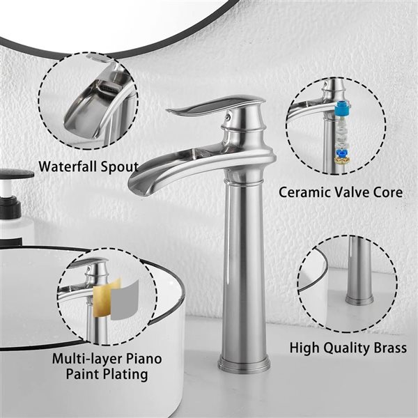 BWE Waterfall Tall Spout Single Hole Single Handle Vessel Sink Faucet in Brushed Nickel