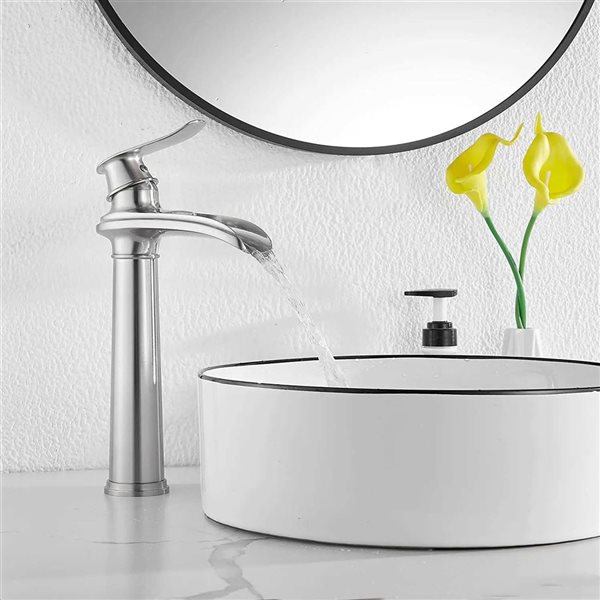 BWE Waterfall Tall Spout Single Hole Single Handle Vessel Sink Faucet in Brushed Nickel