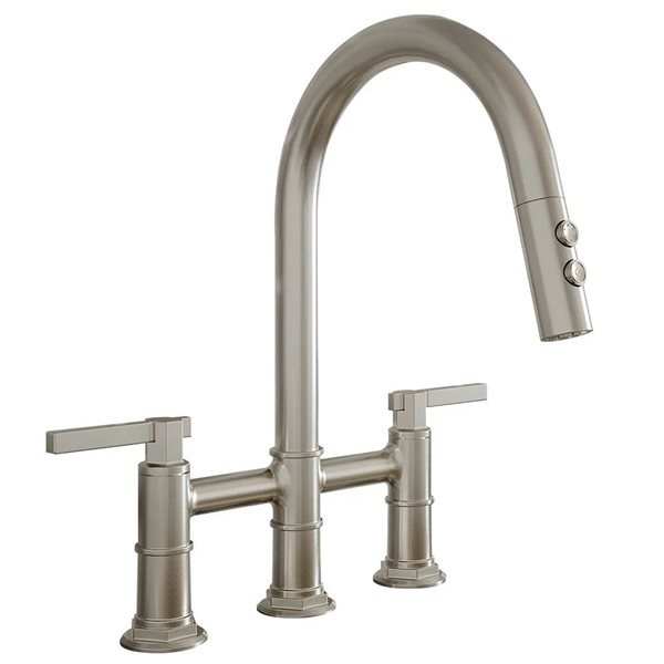 BWE Modern Double Handle 3 Holes Deck Mount Bridge Kitchen Faucet With 2-Sprayer and 360°Spout In Nickel