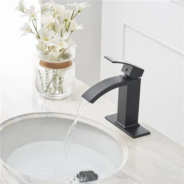 BWE Waterfall Single Hole Single-Handle Bathroom Sink Faucet with Pop-up Drain Assembly in Matte Black