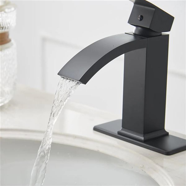 BWE Waterfall Single Hole Single-Handle Bathroom Sink Faucet with Pop-up Drain Assembly in Matte Black