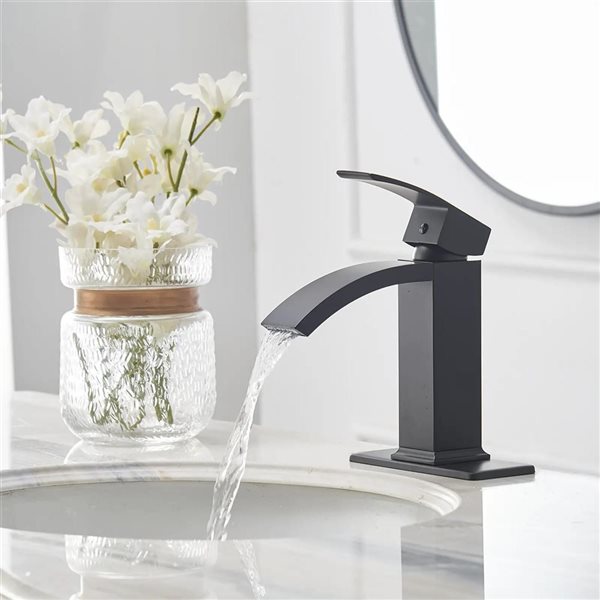 BWE Waterfall Single Hole Single-Handle Bathroom Sink Faucet with Pop-up Drain Assembly in Matte Black