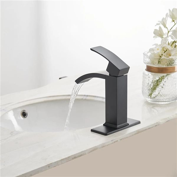 BWE Waterfall Single Hole Single-Handle Bathroom Sink Faucet with Pop-up Drain Assembly in Matte Black