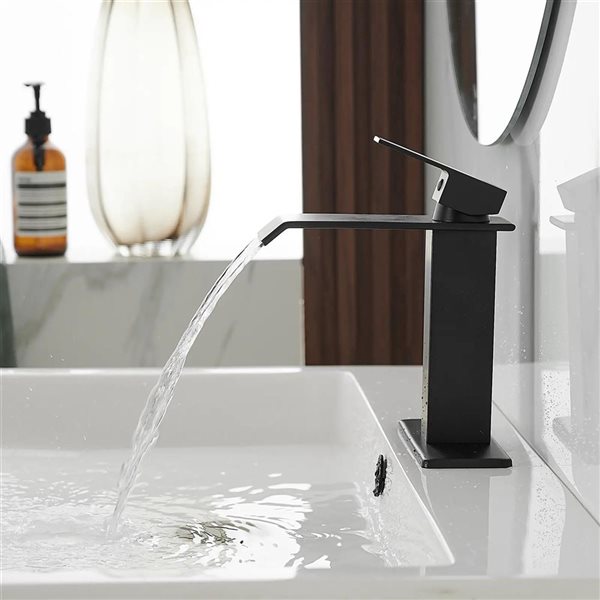 BWE 6004 Waterfall Single Hole Single-Handle Low-Arc Bathroom Faucet with Drain Assembly in Matte Black