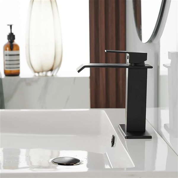 BWE 6004 Waterfall Single Hole Single-Handle Low-Arc Bathroom Faucet with Drain Assembly in Matte Black