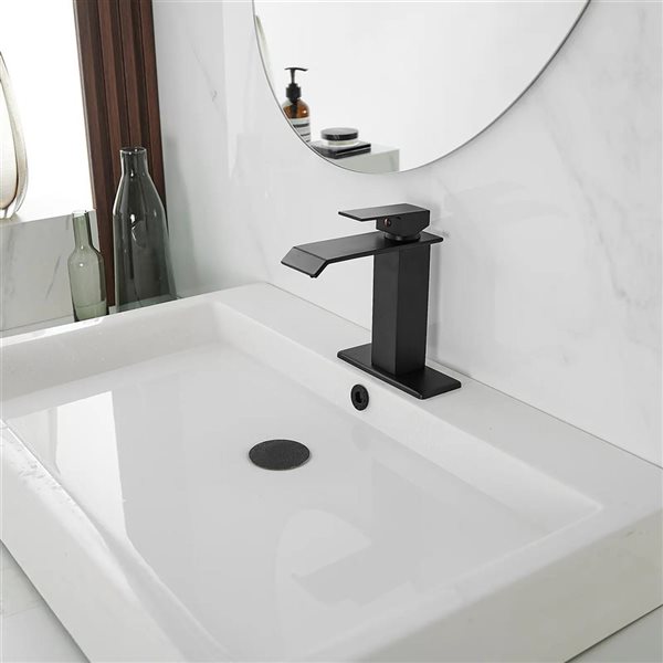 BWE 6004 Waterfall Single Hole Single-Handle Low-Arc Bathroom Faucet with Drain Assembly in Matte Black