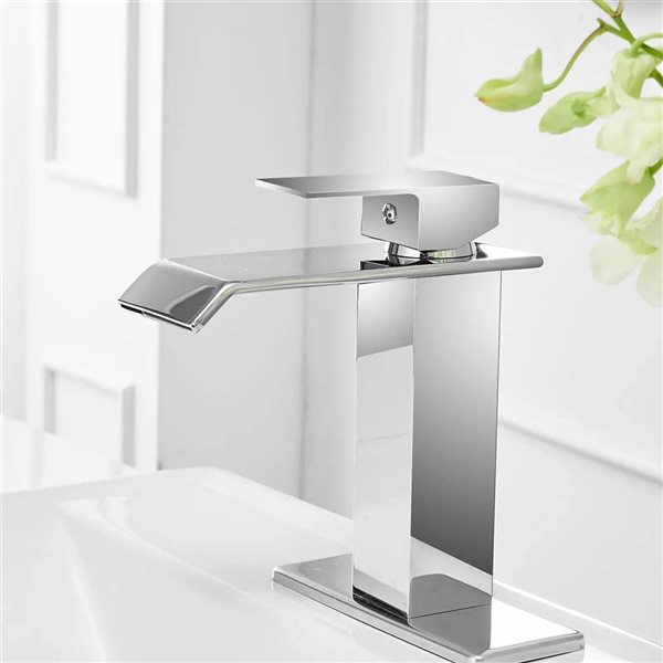 BWE Waterfall Single Hole Single-Handle Bathroom Faucet with Pop-up Drain Assembly in Polished Chrome