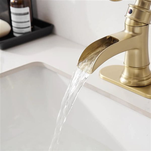 BWE Waterfall Single Hole Single-Handle Low-Arc Bathroom Faucet with Drain Kit in Brushed Gold