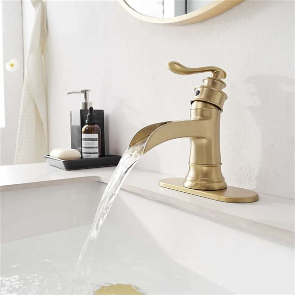 BWE Waterfall Single Hole Single-Handle Low-Arc Bathroom Faucet with Drain Kit in Brushed Gold