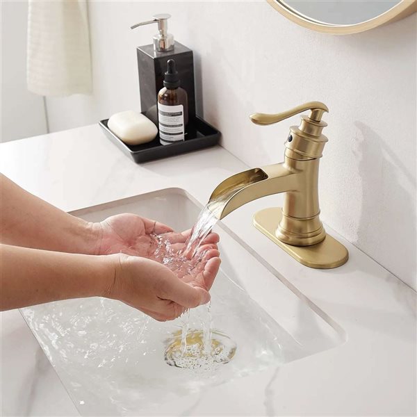 BWE Waterfall Single Hole Single-Handle Low-Arc Bathroom Faucet with Drain Kit in Brushed Gold