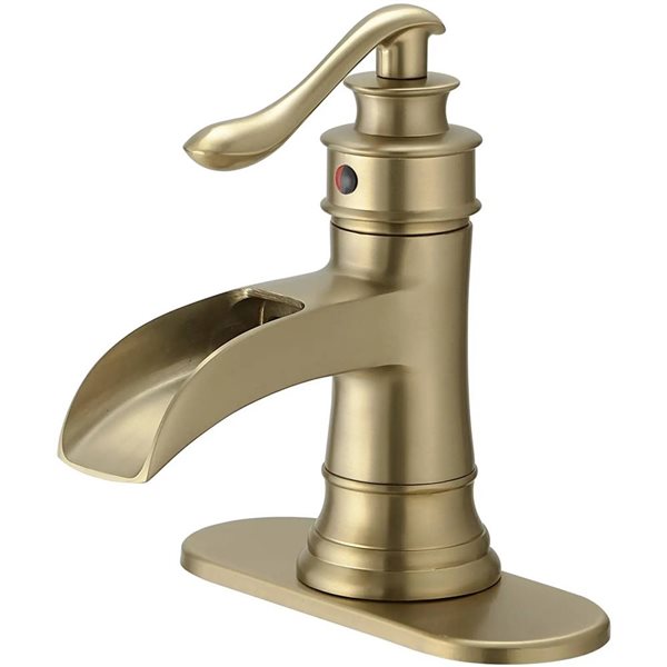 BWE Waterfall Single Hole Single-Handle Low-Arc Bathroom Faucet with Drain Kit in Brushed Gold