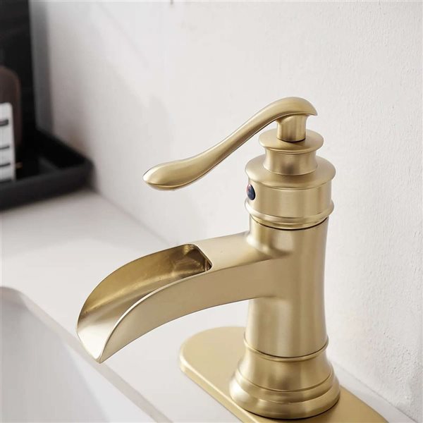 BWE Waterfall Single Hole Single-Handle Low-Arc Bathroom Faucet with Drain Kit in Brushed Gold