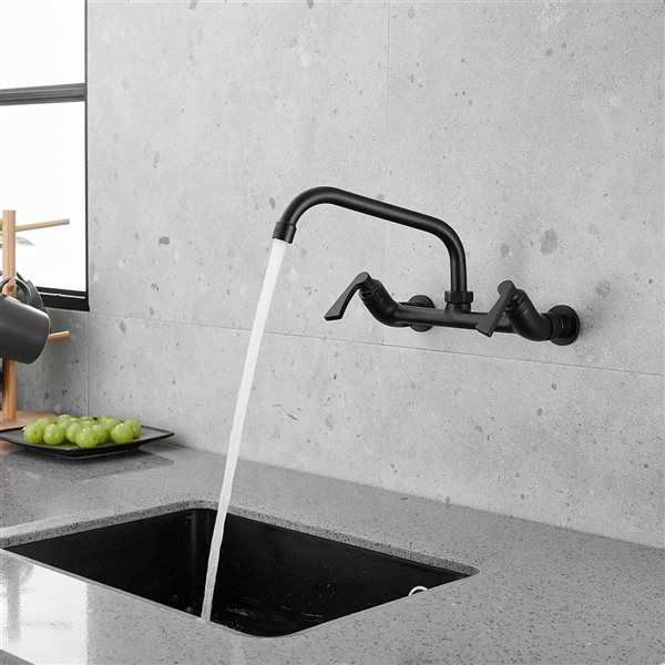 BWE 2-Handle Commercial Sink Faucet with 8" Swivel Spout 8" Center Wall Mount Kitchen Faucet In Black