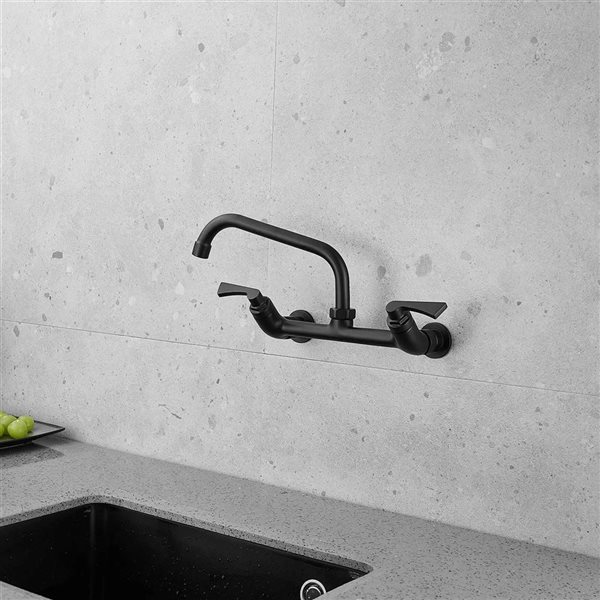 BWE 2-Handle Commercial Sink Faucet with 8" Swivel Spout 8" Center Wall Mount Kitchen Faucet In Black