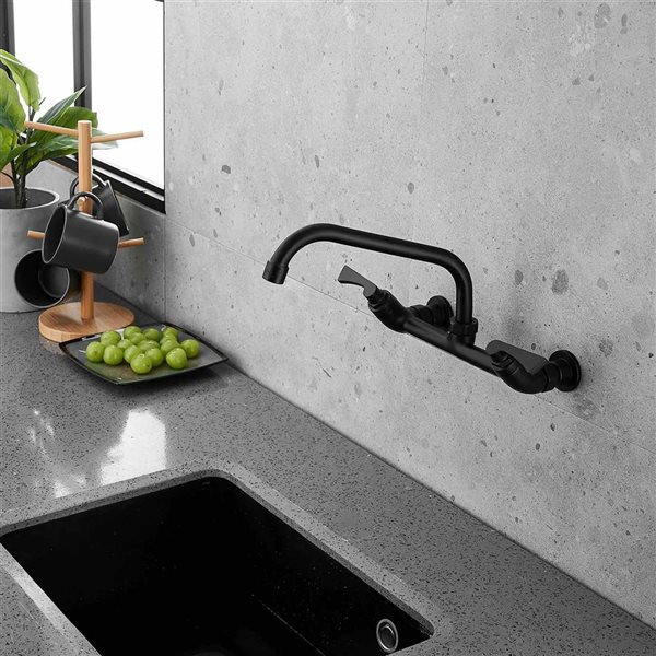 BWE 2-Handle Commercial Sink Faucet with 8" Swivel Spout 8" Center Wall Mount Kitchen Faucet In Black