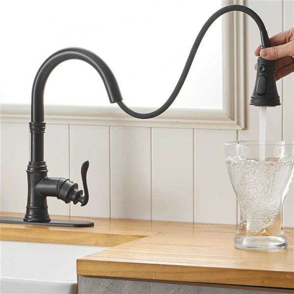 BWE 4551 Single-Handle Pull-Down Sprayer 3 Spray High Arc Kitchen Faucet with Deck Plate in Matte Black