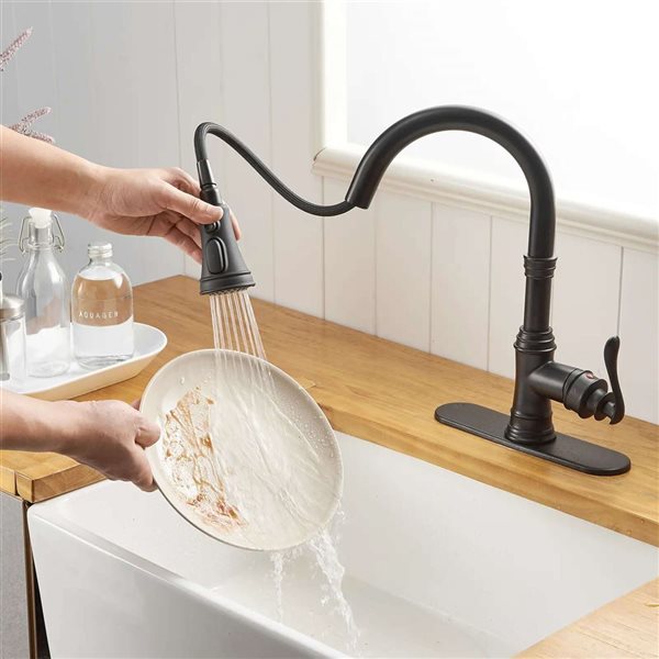 BWE 4551 Single-Handle Pull-Down Sprayer 3 Spray High Arc Kitchen Faucet with Deck Plate in Matte Black