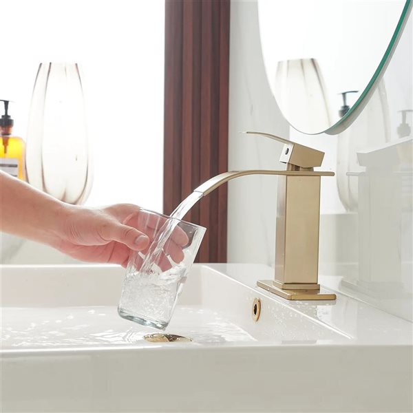 BWE Waterfall Single Handle Single Hole Bathroom Faucet Bathroom Vanity Sink Faucet in Brushed Gold