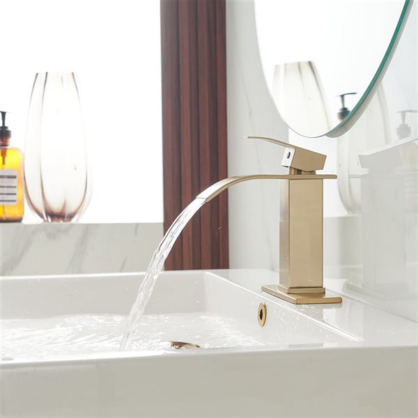 BWE Waterfall Single Handle Single Hole Bathroom Faucet Bathroom Vanity Sink Faucet in Brushed Gold