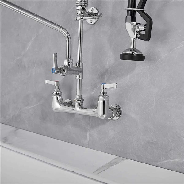 BWE Commercial Restaurant Pull Down 2-Handle Wall Mount Pre-Rinse Spray Utility Kitchen Faucet in Chrome