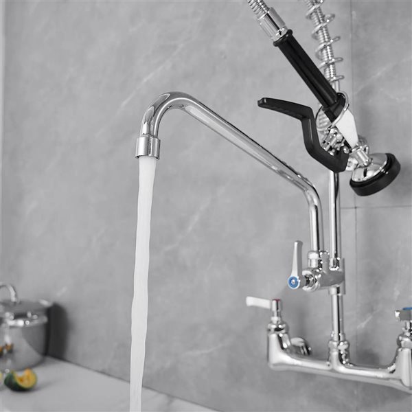 BWE Commercial Restaurant Pull Down 2-Handle Wall Mount Pre-Rinse Spray Utility Kitchen Faucet in Chrome