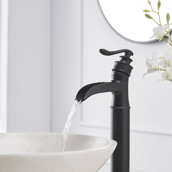 BWE Waterfall Single Hole Single-Handle Vessel Bathroom Faucet with Drain Assembly in Matte Black