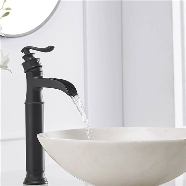 BWE Waterfall Single Hole Single-Handle Vessel Bathroom Faucet with Drain Assembly in Matte Black