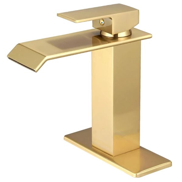 BWE Waterfall Single Hole Single-Handle Low-Arc Bathroom Faucet with Drain Assembly in Brushed Gold