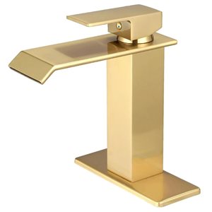 BWE Waterfall Single Hole Single-Handle Low-Arc Bathroom Faucet with Drain Assembly in Brushed Gold