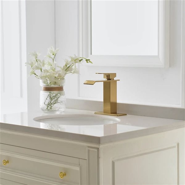 BWE Waterfall Single Hole Single-Handle Low-Arc Bathroom Faucet with Drain Assembly in Brushed Gold