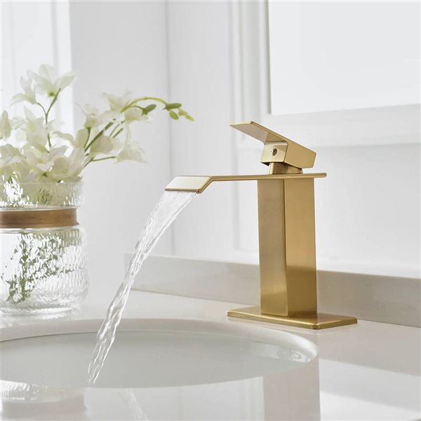 BWE Waterfall Single Hole Single-Handle Low-Arc Bathroom Faucet with Drain Assembly in Brushed Gold