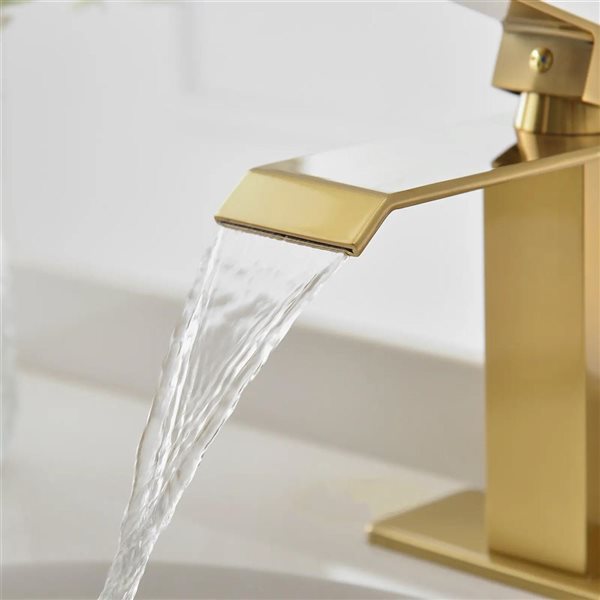 BWE Waterfall Single Hole Single-Handle Low-Arc Bathroom Faucet with Drain Assembly in Brushed Gold