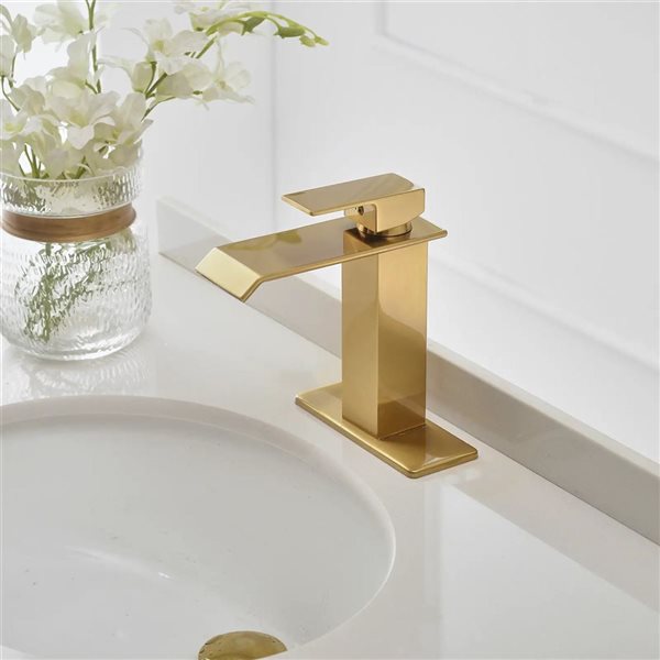 BWE Waterfall Single Hole Single-Handle Low-Arc Bathroom Faucet with Drain Assembly in Brushed Gold