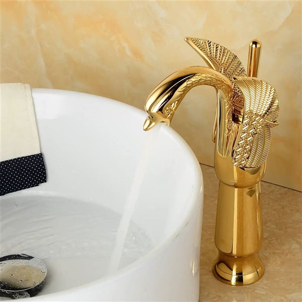 BWE Swan Single Hole Single Handle Bathroom Vessel Sink Faucet with Pop Up Drain in Polished Gold