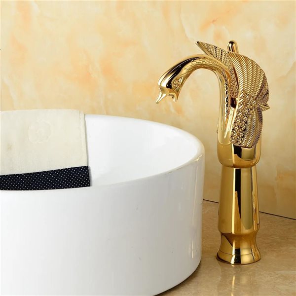 BWE Swan Single Hole Single Handle Bathroom Vessel Sink Faucet with Pop Up Drain in Polished Gold