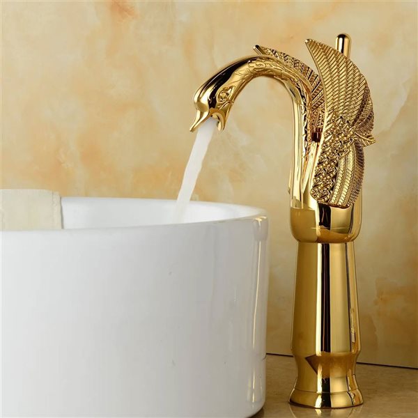 BWE Swan Single Hole Single Handle Bathroom Vessel Sink Faucet with Pop Up Drain in Polished Gold