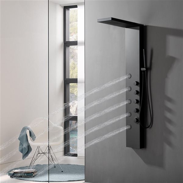 BWE 5-Jet Shower Panel Tower System with Rainfall Waterfall Shower Head and Shower Wand in Black