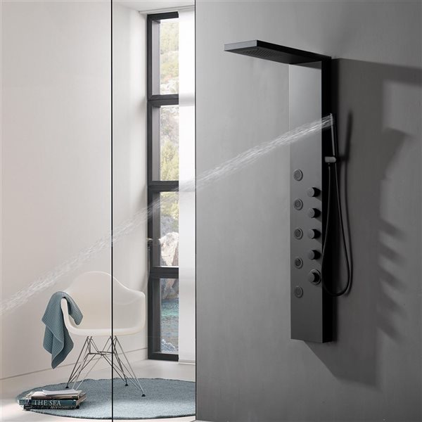BWE 5-Jet Shower Panel Tower System with Rainfall Waterfall Shower Head and Shower Wand in Black