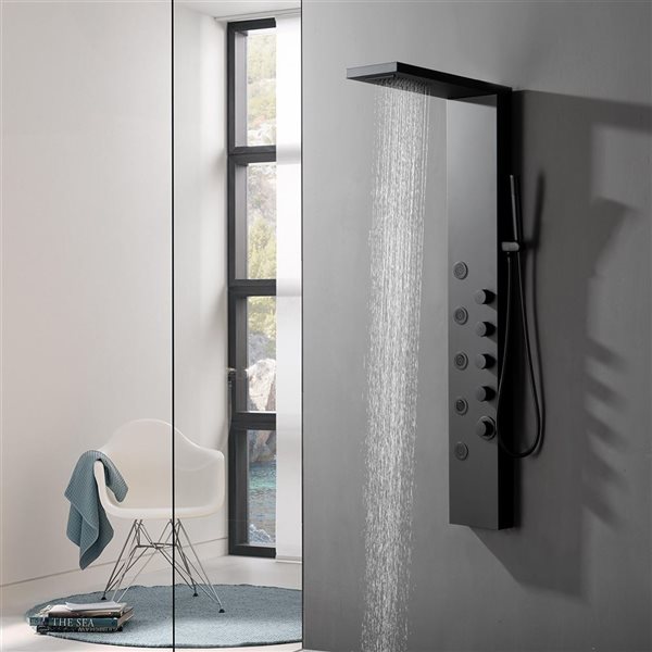 BWE 5-Jet Shower Panel Tower System with Rainfall Waterfall Shower Head and Shower Wand in Black
