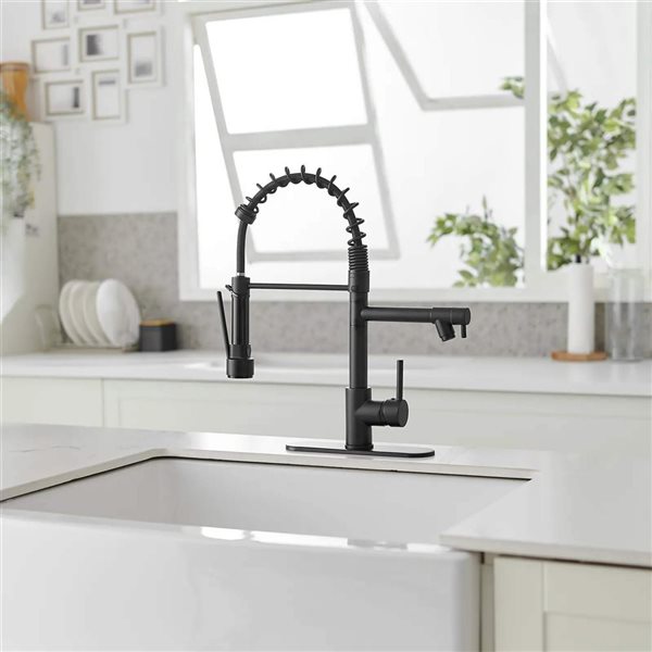 BWE Single-Handle Pull-Down Sprayer 2 Spray High Arc Kitchen Faucet with Deck Plate in Matte Black