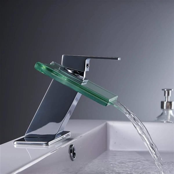 BWE Waterfall Single Hole Single-Handle Low-Arc Bathroom Faucet with Glass Spout in Polished Chrome