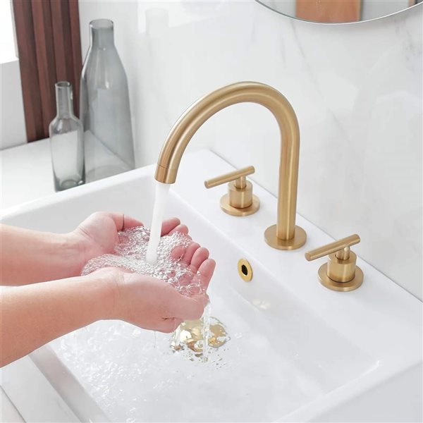 BWE 8 in. Widespread Double Handle Bathroom Faucet Water-Saving With Metal Drain In Brushed Gold