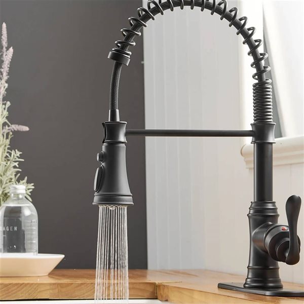 BWE Single-Handle Pull-Down Sprayer 3 Spray High Arc Kitchen Faucet with Deck Plate in Matte Black