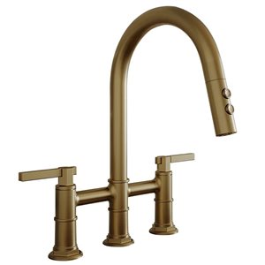 BWE Modern Double Handle 3 Holes Deck Mount Bridge Kitchen Faucet With 2-Sprayer and 360°Spout In Gold