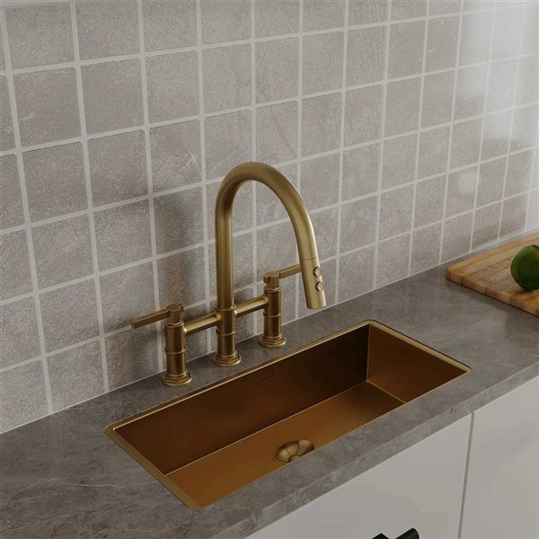 BWE Modern Double Handle 3 Holes Deck Mount Bridge Kitchen Faucet With 2-Sprayer and 360°Spout In Gold