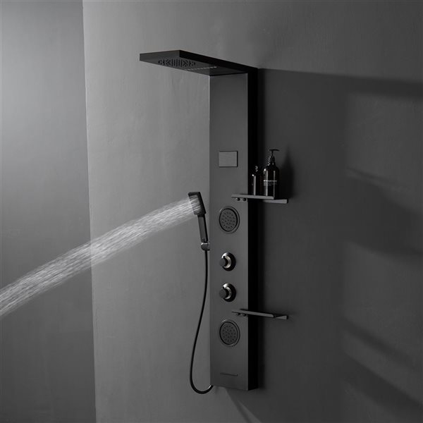 BWE 2-Jet Rainfall Shower Panel System with Shower Head,Shelf,STub Spout and LED Light in Matte Black