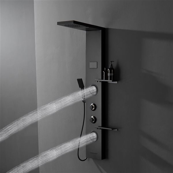 BWE 2-Jet Rainfall Shower Panel System with Shower Head,Shelf,STub Spout and LED Light in Matte Black